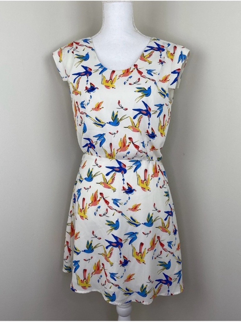 White Cap-Sleeve Mini Dress with Multicolor Bird Print